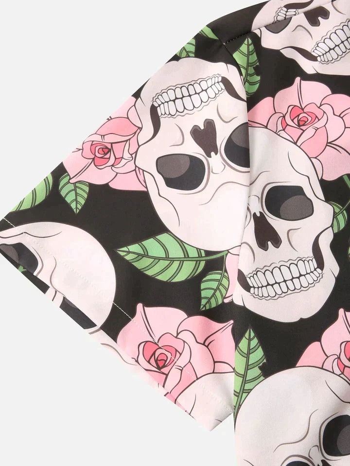 Rose Skull Print Button Up Shirt