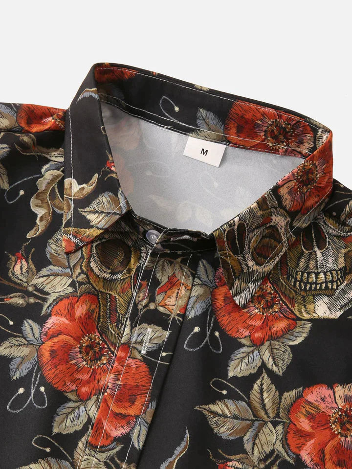 Rose Skull Print Button Up Shirt