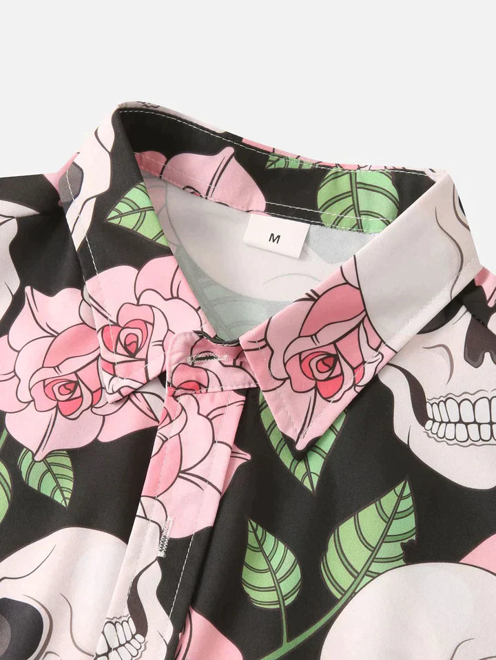 Rose Skull Print Button Up Shirt