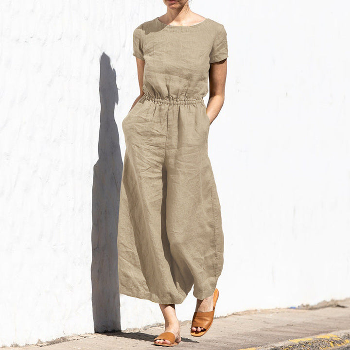 ARIELLE - Plain Short Sleeve Linen Jumpsuit