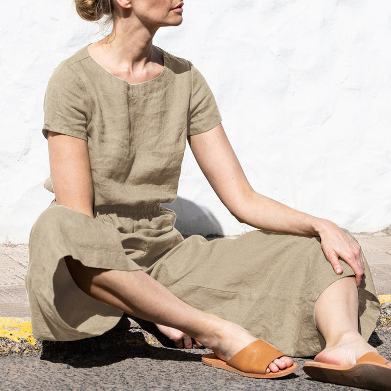 ARIELLE - Plain Short Sleeve Linen Jumpsuit