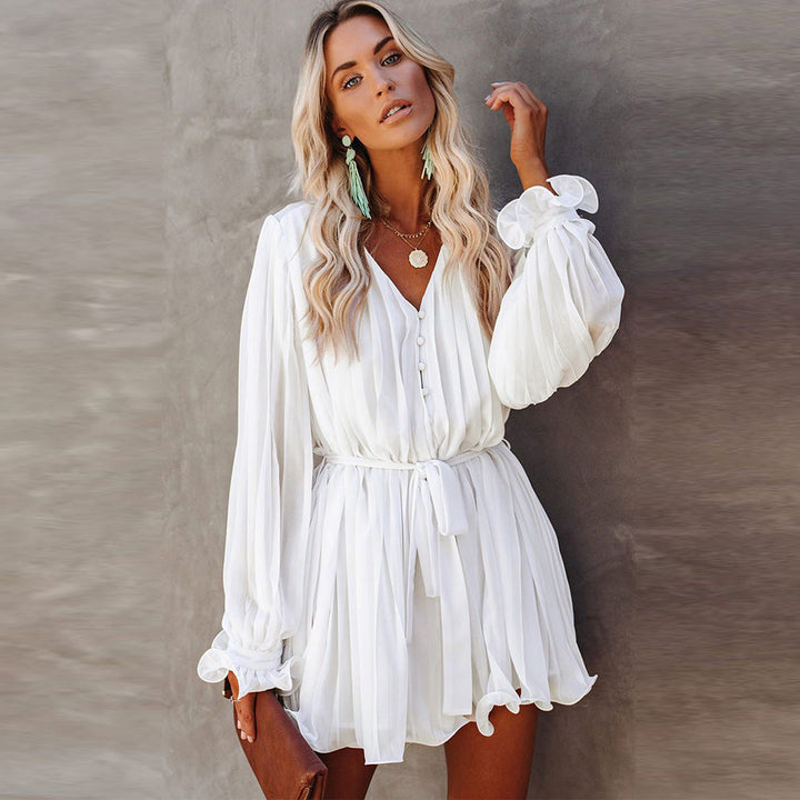 OLIVIA - Lace-Up V-Neck Ruffle Dress