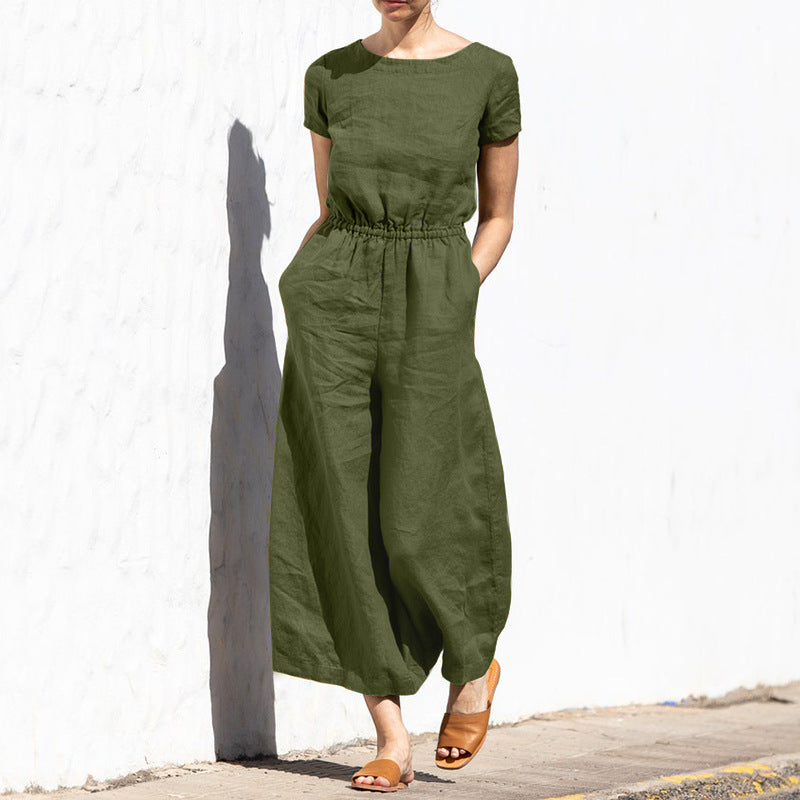 ARIELLE - Plain Short Sleeve Linen Jumpsuit