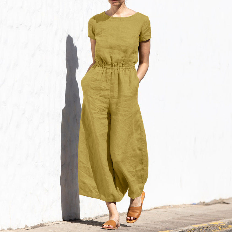 ARIELLE - Plain Short Sleeve Linen Jumpsuit