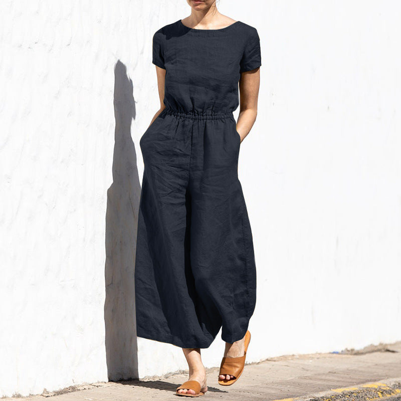 ARIELLE - Plain Short Sleeve Linen Jumpsuit