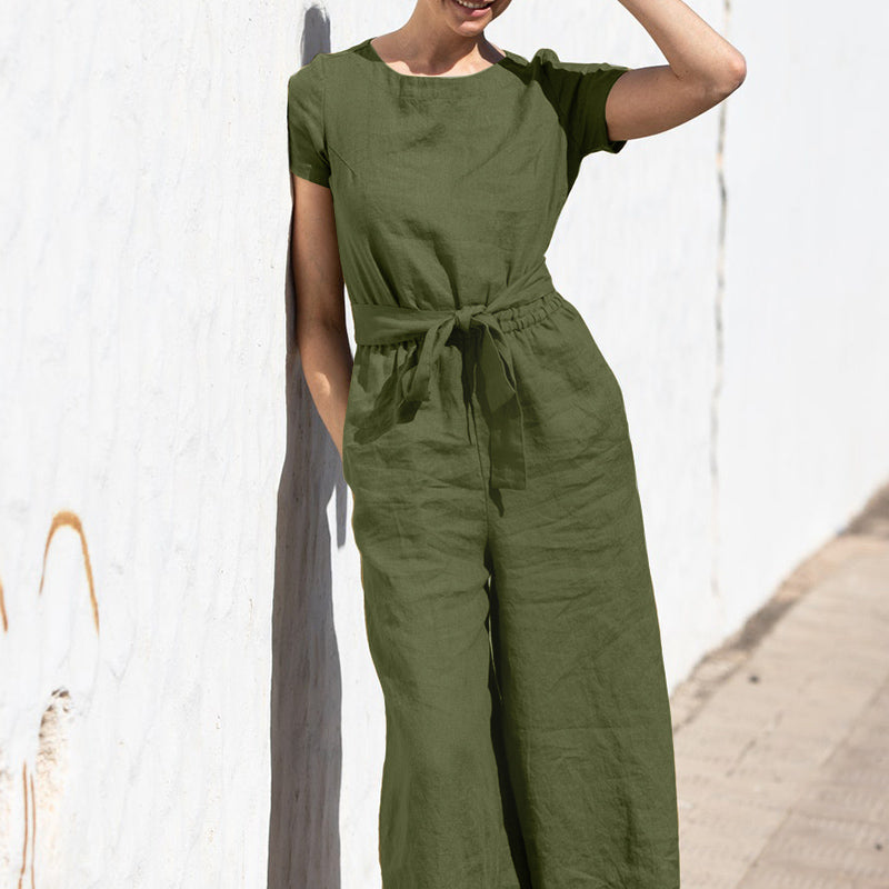 ARIELLE - Plain Short Sleeve Linen Jumpsuit