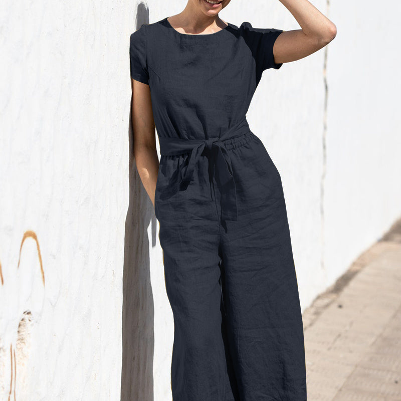 ARIELLE - Plain Short Sleeve Linen Jumpsuit